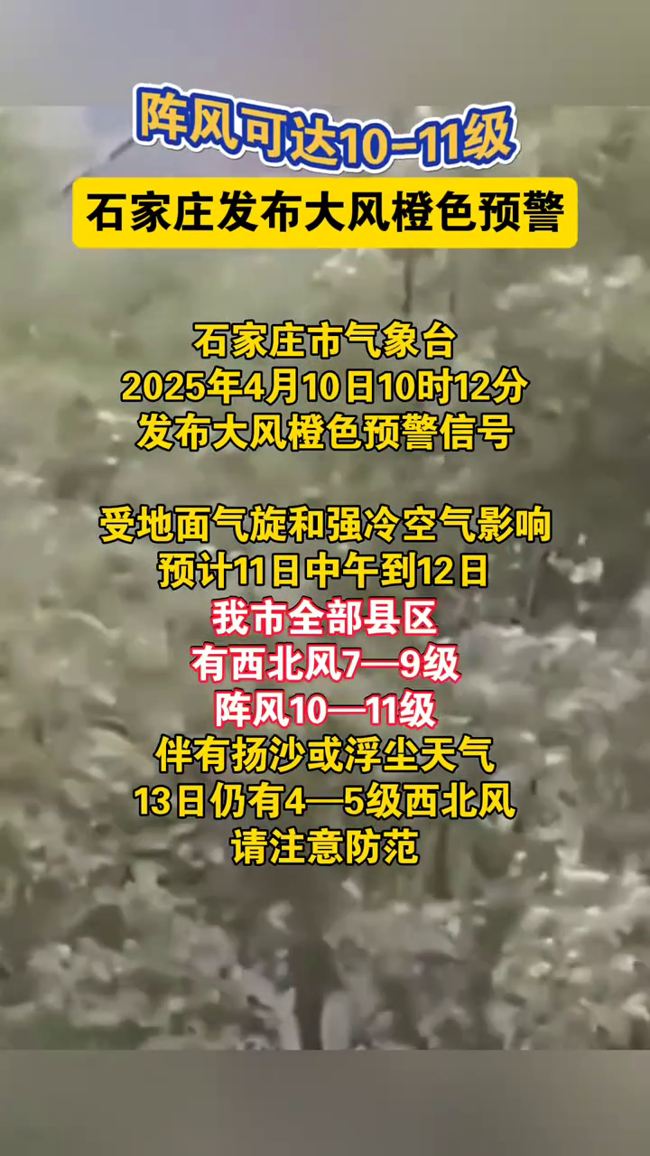 石家庄2025大风橙色预警：11-13日防风避险全攻略